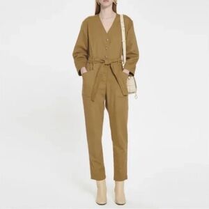 Xirena brown womens jumpsuit belt tie pockets button front utility size large N4